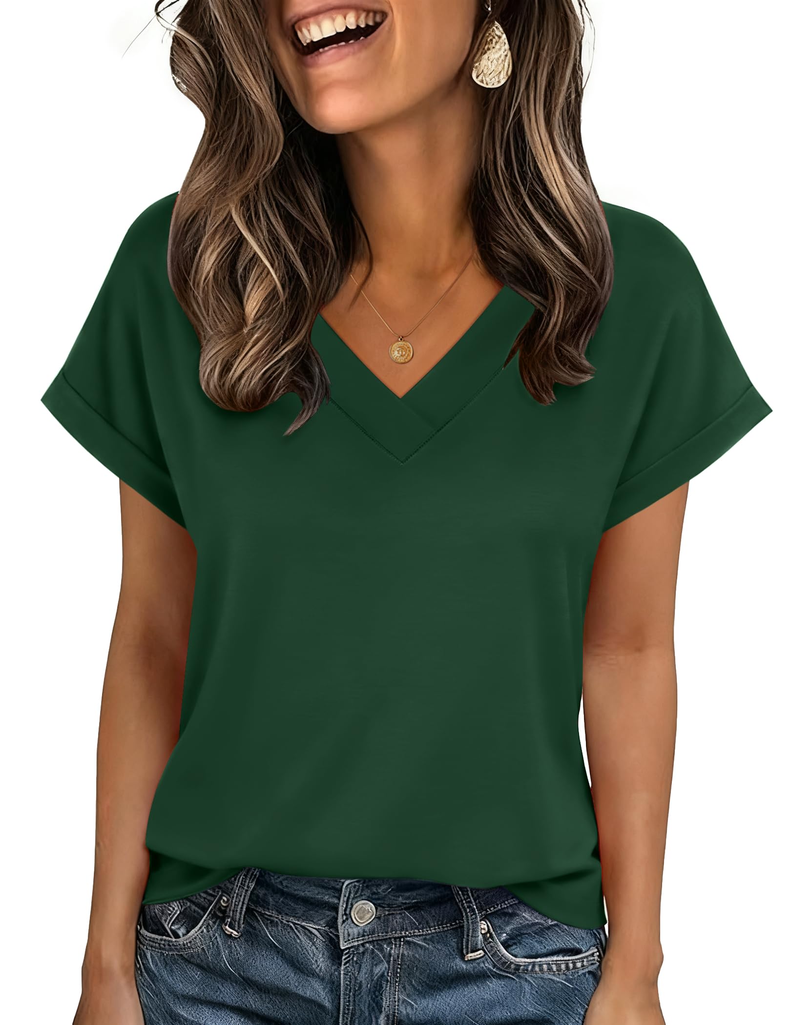 Zeagoo Womens Summer Tops Rolled Short Sleeve V Neck Shirts Casual Dressy Business Work Blouses Outfits
