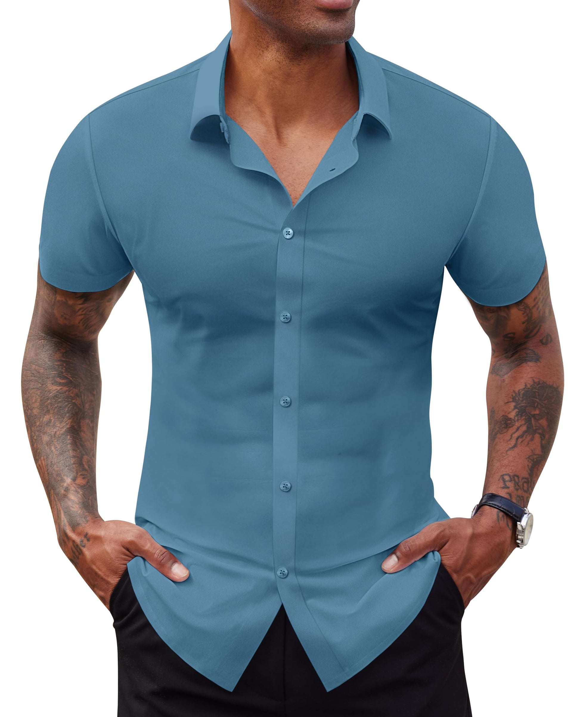 Lion Nardo Stretch Dress Shirts for Men Short Sleeve Slim Fit Casual Button Down Shirts Muscle Fit Men's Dress Shirts