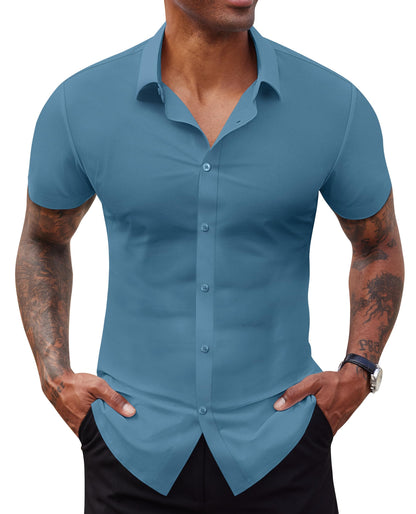 Lion Nardo Stretch Dress Shirts for Men Short Sleeve Slim Fit Casual Button Down Shirts Muscle Fit Men's Dress Shirts