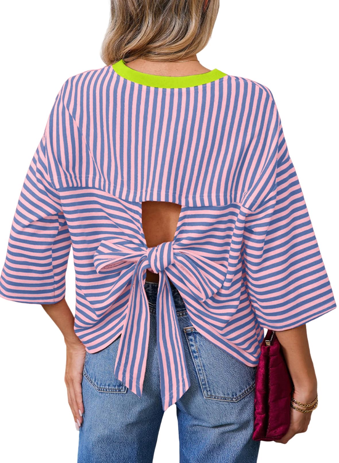 Dokotoo Womens Tops 2026 Striped Tie Back Short Sleeve T Shirts Crewneck Casual Loose Basic Tee Summer Outfits