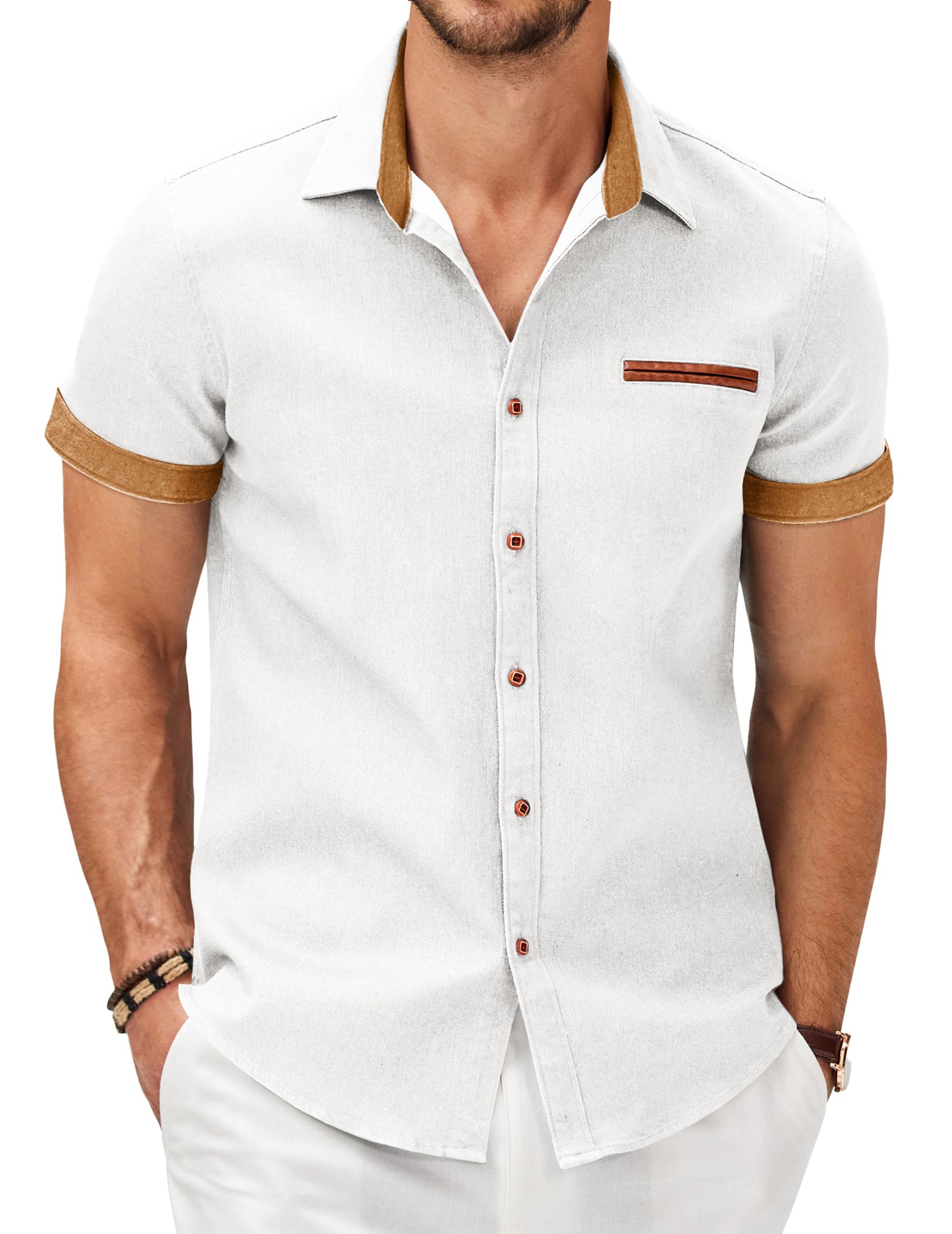 COOFANDY Men's Cotton Casual Short Sleeve Button Down Shirt Plaid Collar Denim Work Shirts