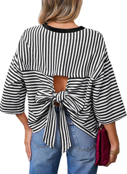 Dokotoo Womens Tops 2026 Striped Tie Back Short Sleeve T Shirts Crewneck Casual Loose Basic Tee Summer Outfits