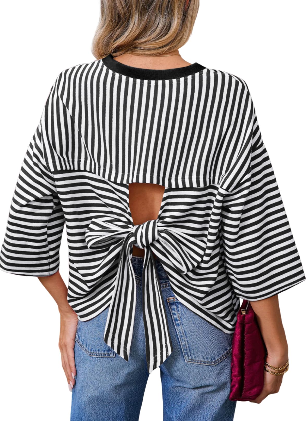 Dokotoo Womens Tops 2026 Striped Tie Back Short Sleeve T Shirts Crewneck Casual Loose Basic Tee Summer Outfits