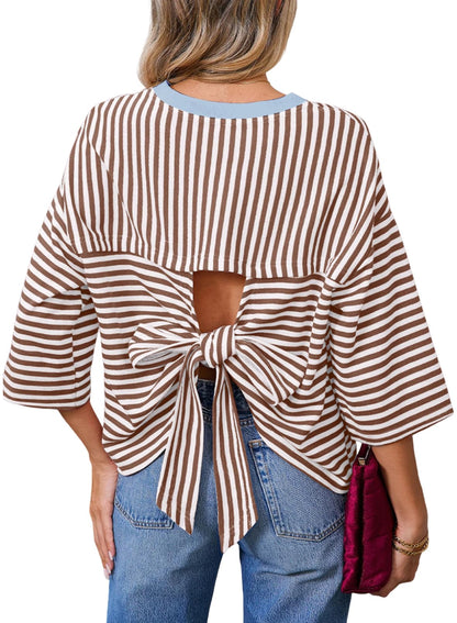 Dokotoo Womens Tops 2026 Striped Tie Back Short Sleeve T Shirts Crewneck Casual Loose Basic Tee Summer Outfits