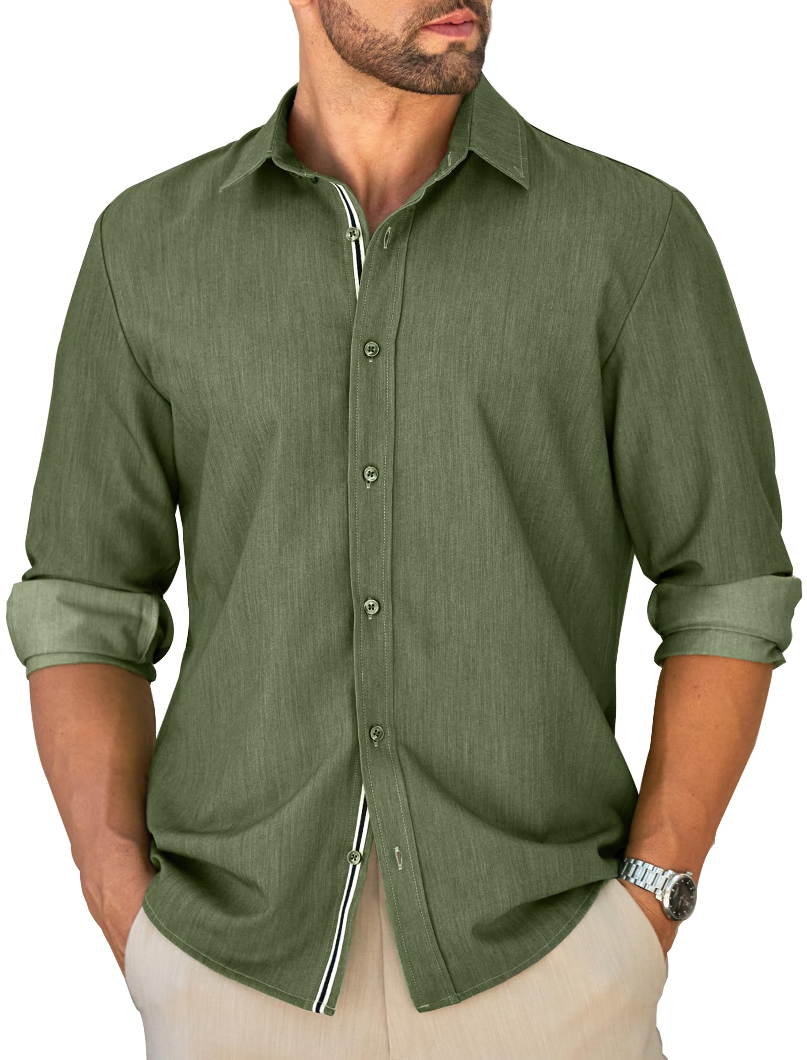 MAPICK Mens Untucked Dress Shirt Stretch Wrinkle Free Button Down Shirt Long Sleeve Business Casual Lightweight Denim Texture