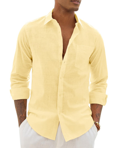 Alimens & Gentle Mens Cotton Linen Textured Shirt Long Sleeve Button Down Shirts Casual Summer Beach Wedding Tops with Pocket