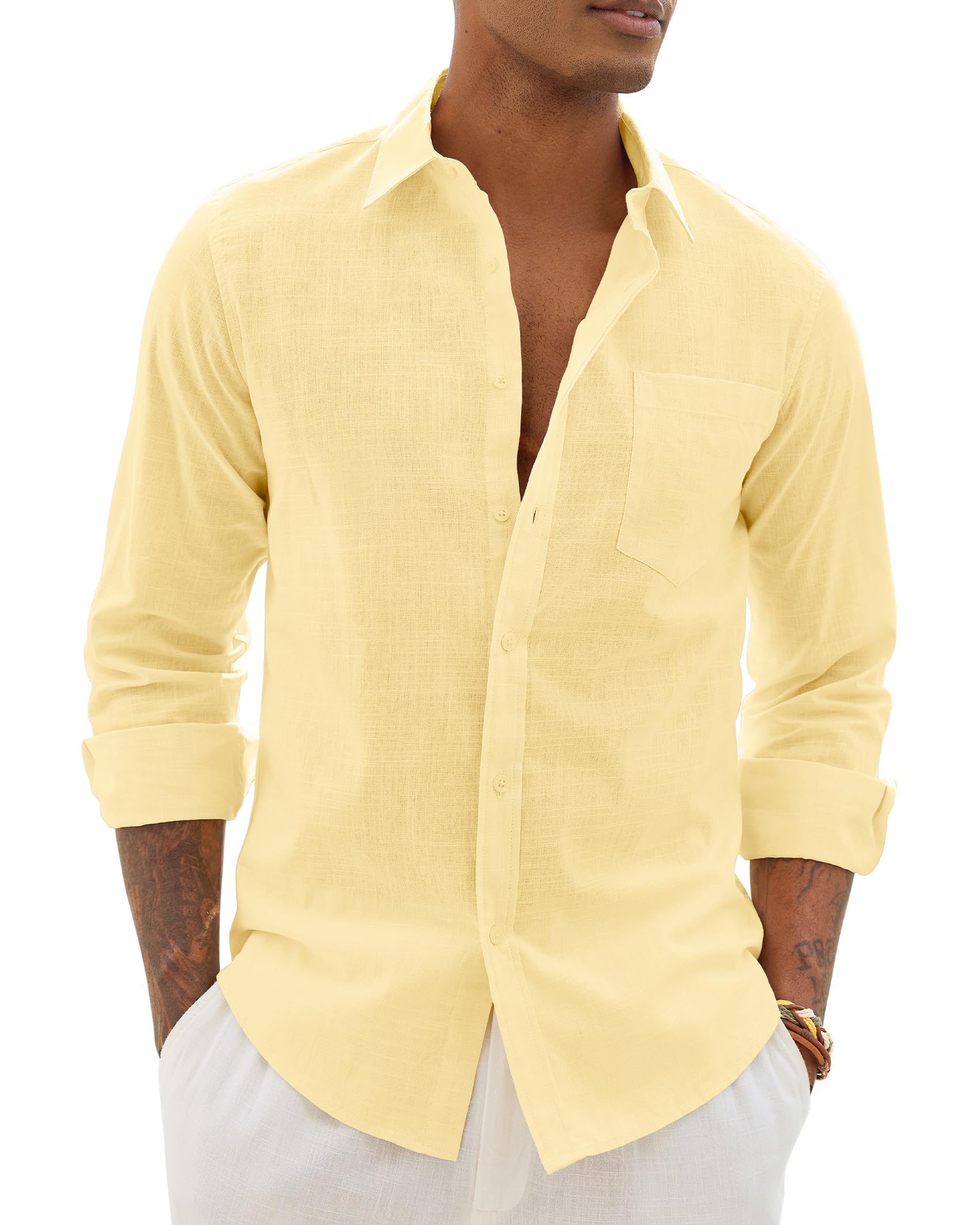 Alimens & Gentle Mens Cotton Linen Textured Shirt Long Sleeve Button Down Shirts Casual Summer Beach Wedding Tops with Pocket