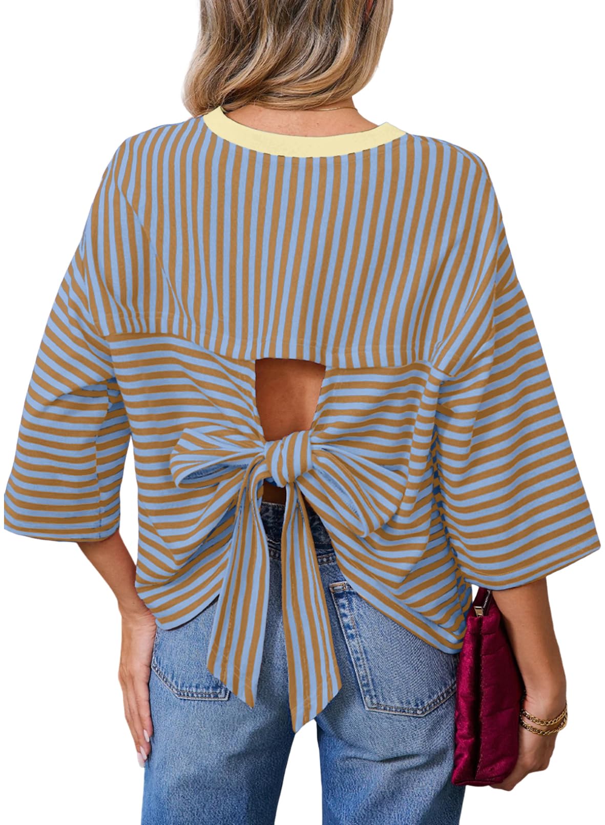 Dokotoo Womens Tops 2026 Striped Tie Back Short Sleeve T Shirts Crewneck Casual Loose Basic Tee Summer Outfits