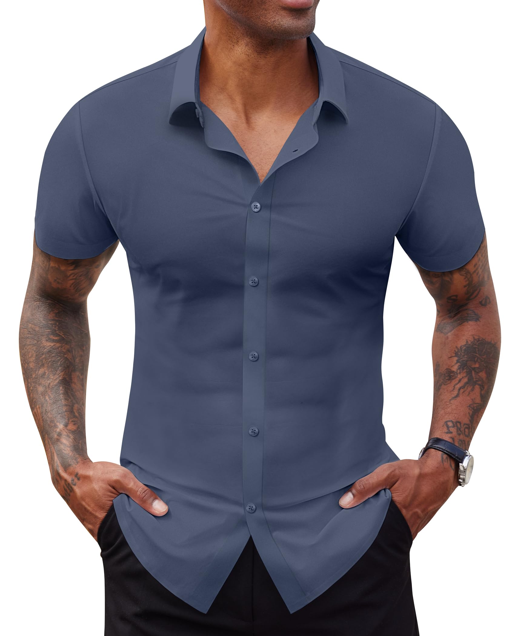 Lion Nardo Stretch Dress Shirts for Men Short Sleeve Slim Fit Casual Button Down Shirts Muscle Fit Men's Dress Shirts