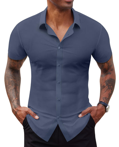 Lion Nardo Stretch Dress Shirts for Men Short Sleeve Slim Fit Casual Button Down Shirts Muscle Fit Men's Dress Shirts