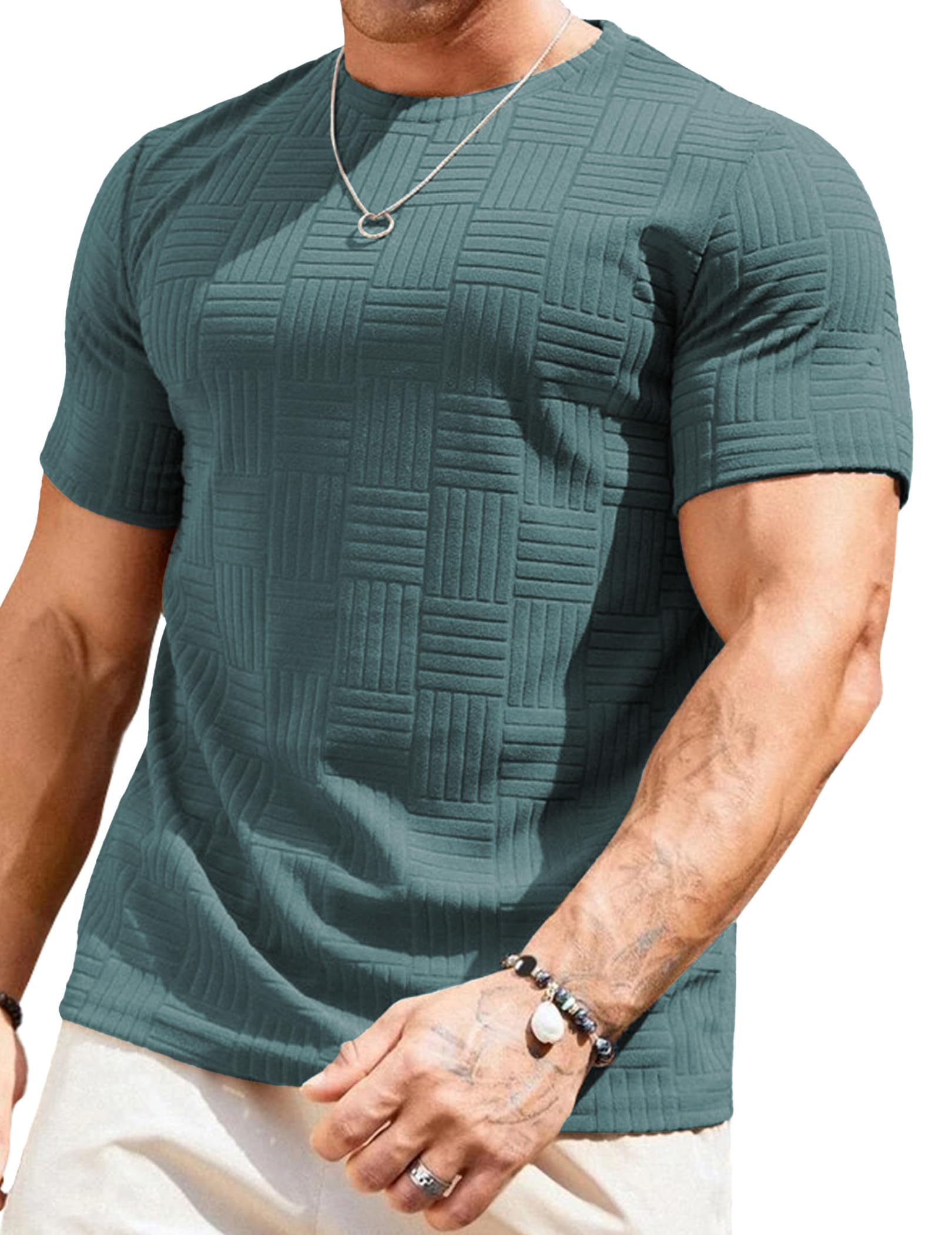 JMIERR Mens T-Shirt Casual Stretch Solid Crewneck Short Sleeve Tees Textured Shirts