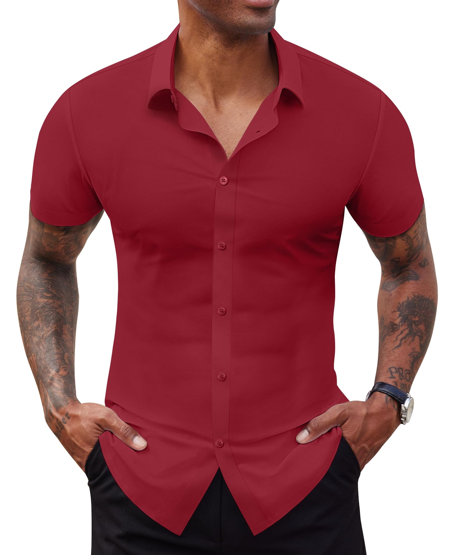 Lion Nardo Stretch Dress Shirts for Men Short Sleeve Slim Fit Casual Button Down Shirts Muscle Fit Men's Dress Shirts