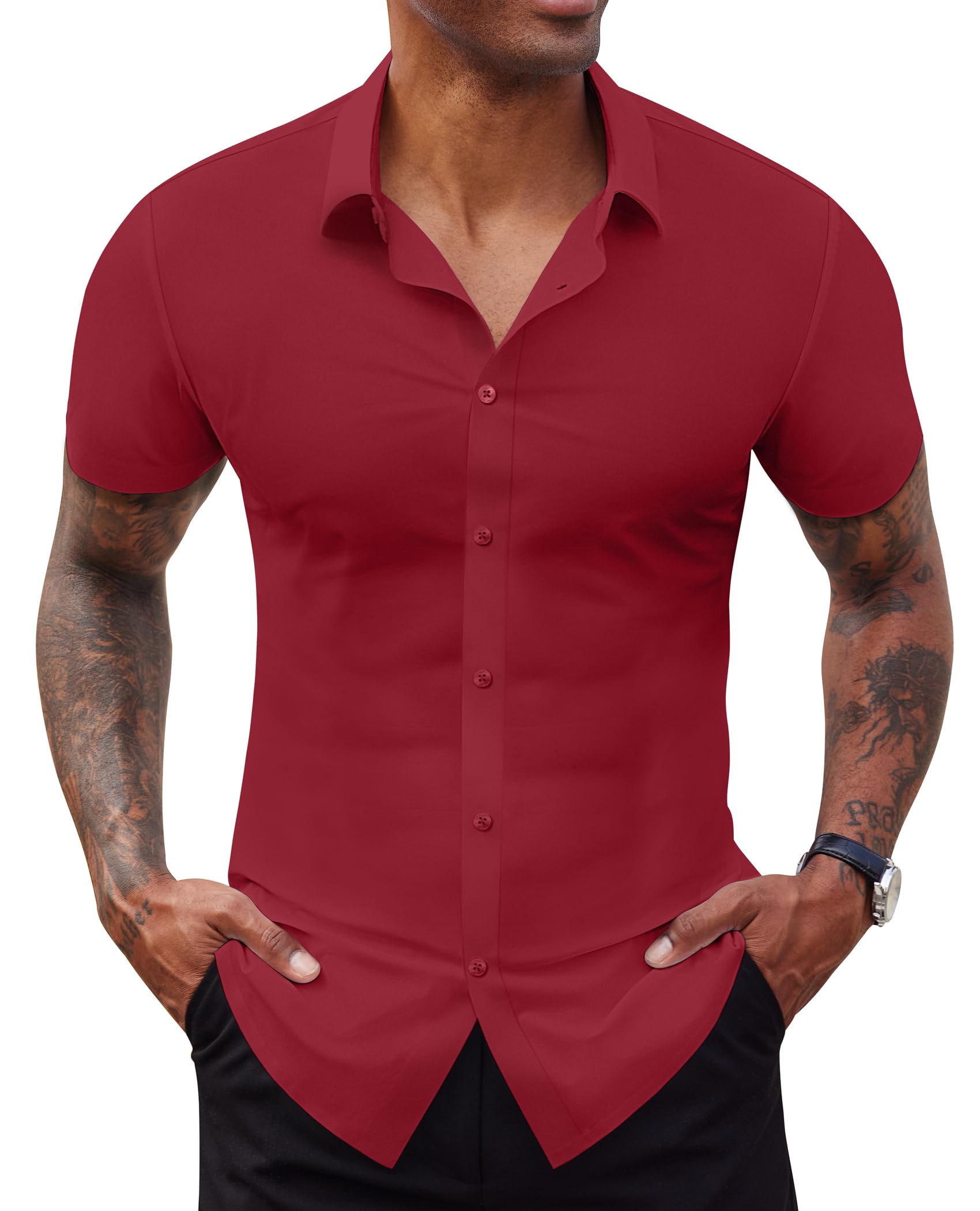 Lion Nardo Stretch Dress Shirts for Men Short Sleeve Slim Fit Casual Button Down Shirts Muscle Fit Men's Dress Shirts