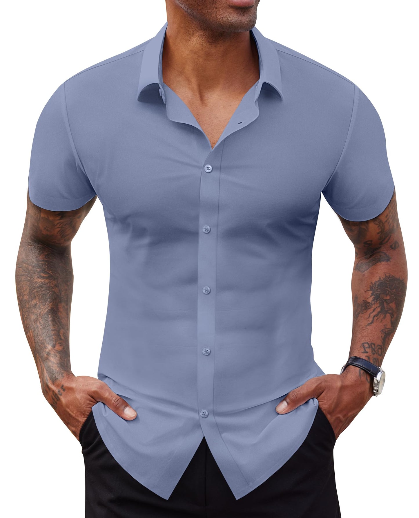Lion Nardo Stretch Dress Shirts for Men Short Sleeve Slim Fit Casual Button Down Shirts Muscle Fit Men's Dress Shirts