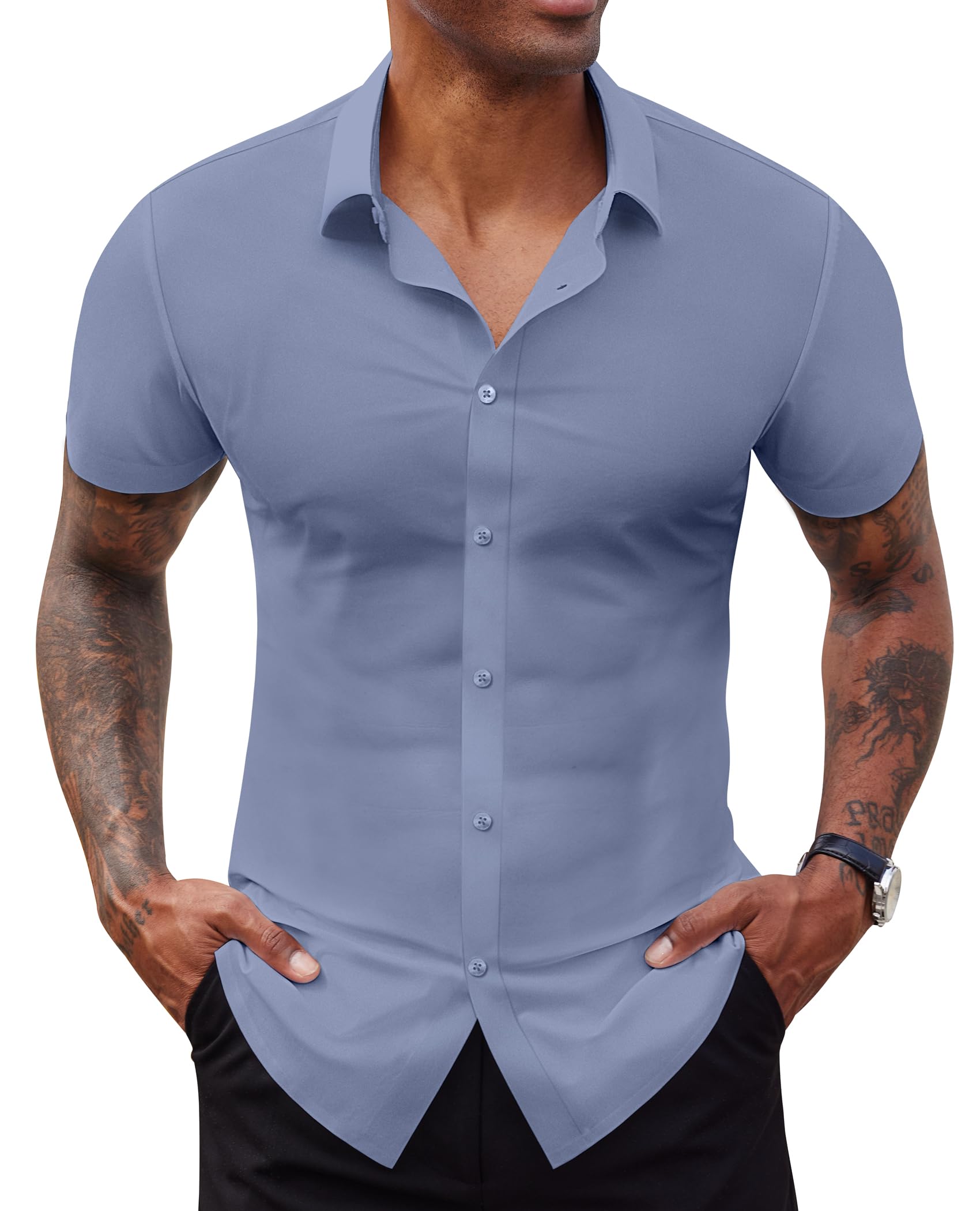 Lion Nardo Stretch Dress Shirts for Men Short Sleeve Slim Fit Casual Button Down Shirts Muscle Fit Men's Dress Shirts