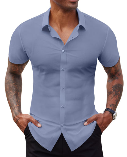 Lion Nardo Stretch Dress Shirts for Men Short Sleeve Slim Fit Casual Button Down Shirts Muscle Fit Men's Dress Shirts