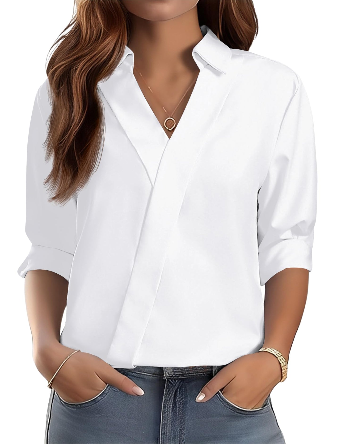 LOMON 3/4 Length Sleeve Womens Tops Dressy V Neck Collared Shirts Trendy Business Casual Work Blouses Vacation Outfits 2026