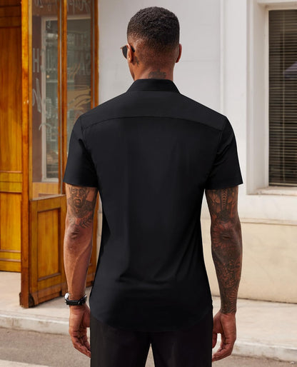 Lion Nardo Stretch Dress Shirts for Men Short Sleeve Slim Fit Casual Button Down Shirts Muscle Fit Men's Dress Shirts