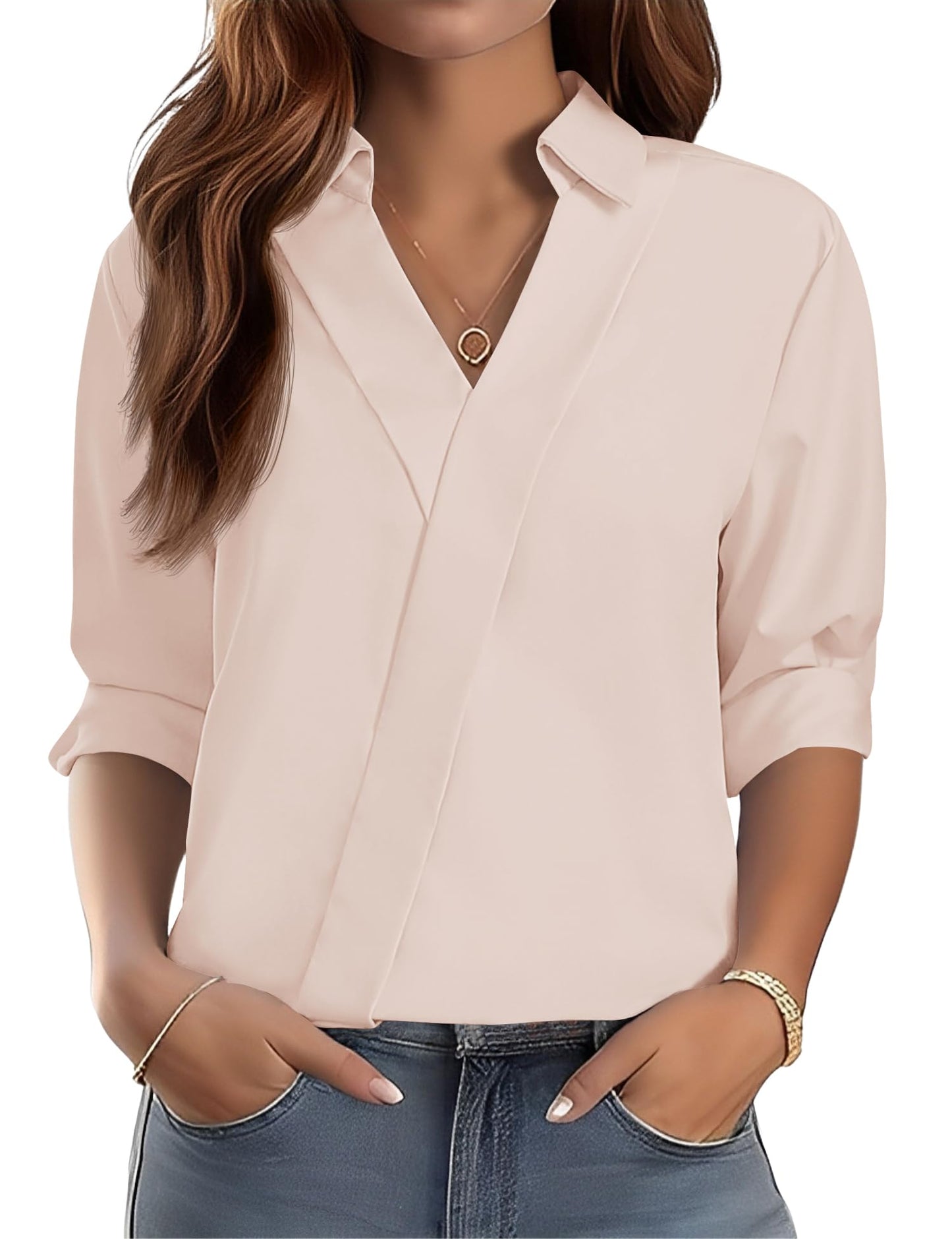 LOMON 3/4 Length Sleeve Womens Tops Dressy V Neck Collared Shirts Trendy Business Casual Work Blouses Vacation Outfits 2026