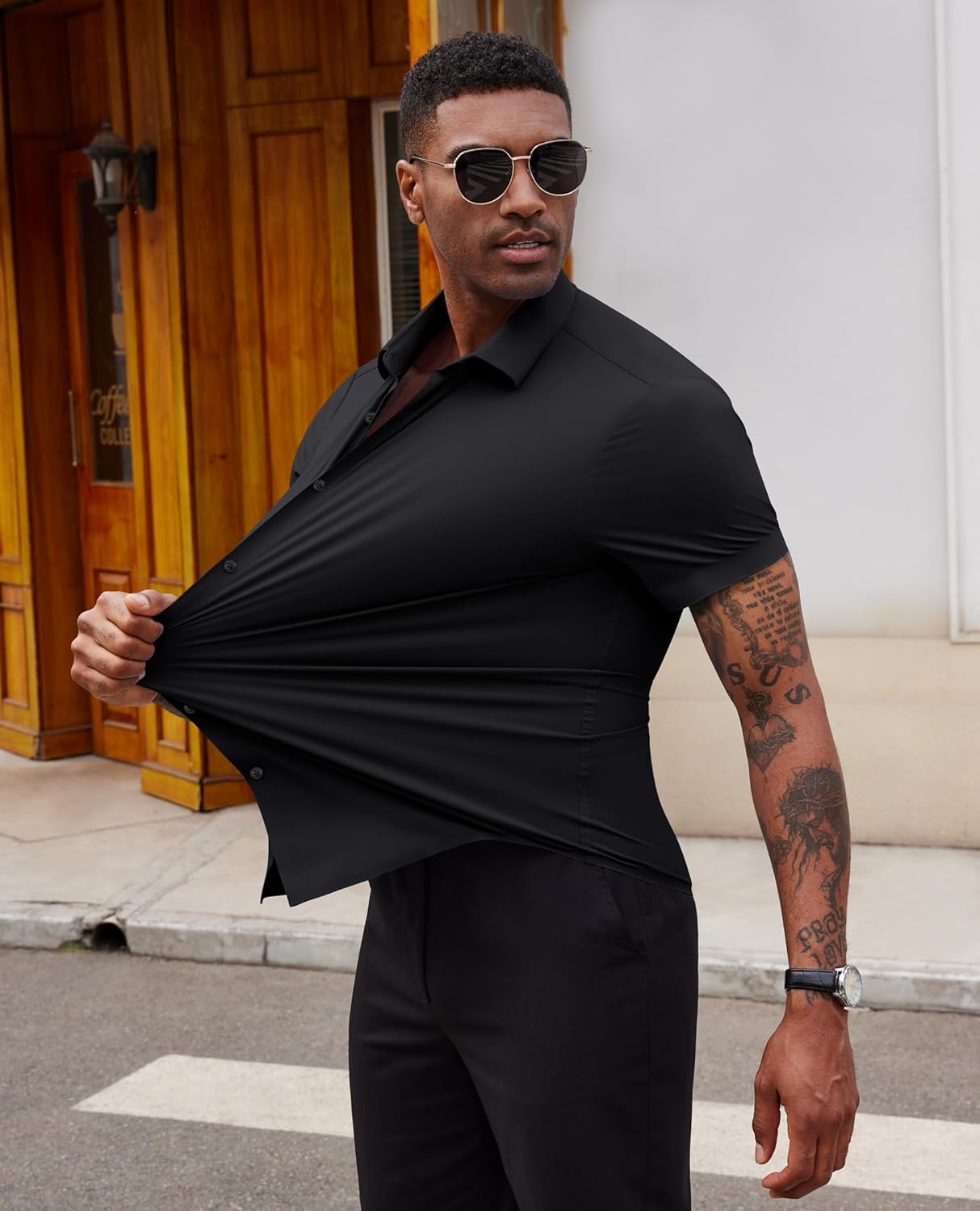 Lion Nardo Stretch Dress Shirts for Men Short Sleeve Slim Fit Casual Button Down Shirts Muscle Fit Men's Dress Shirts
