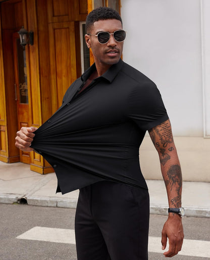 Lion Nardo Stretch Dress Shirts for Men Short Sleeve Slim Fit Casual Button Down Shirts Muscle Fit Men's Dress Shirts
