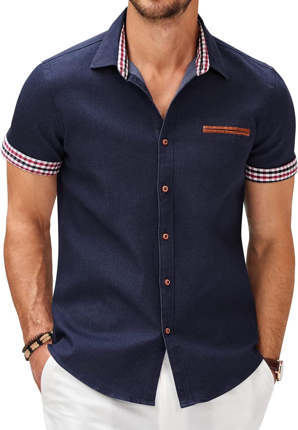 COOFANDY Men's Cotton Casual Short Sleeve Button Down Shirt Plaid Collar Denim Work Shirts