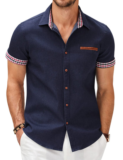 COOFANDY Men's Cotton Casual Short Sleeve Button Down Shirt Plaid Collar Denim Work Shirts