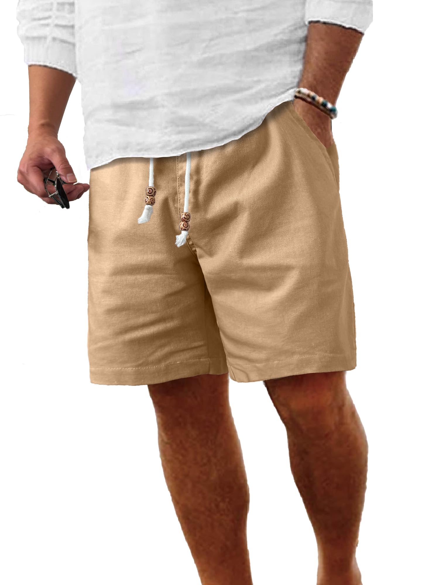 Comdecevis Men's Linen Shorts Casual Elastic Waist Drawstring Summer Beach Vacation Yoga Golf Shorts with Pockets