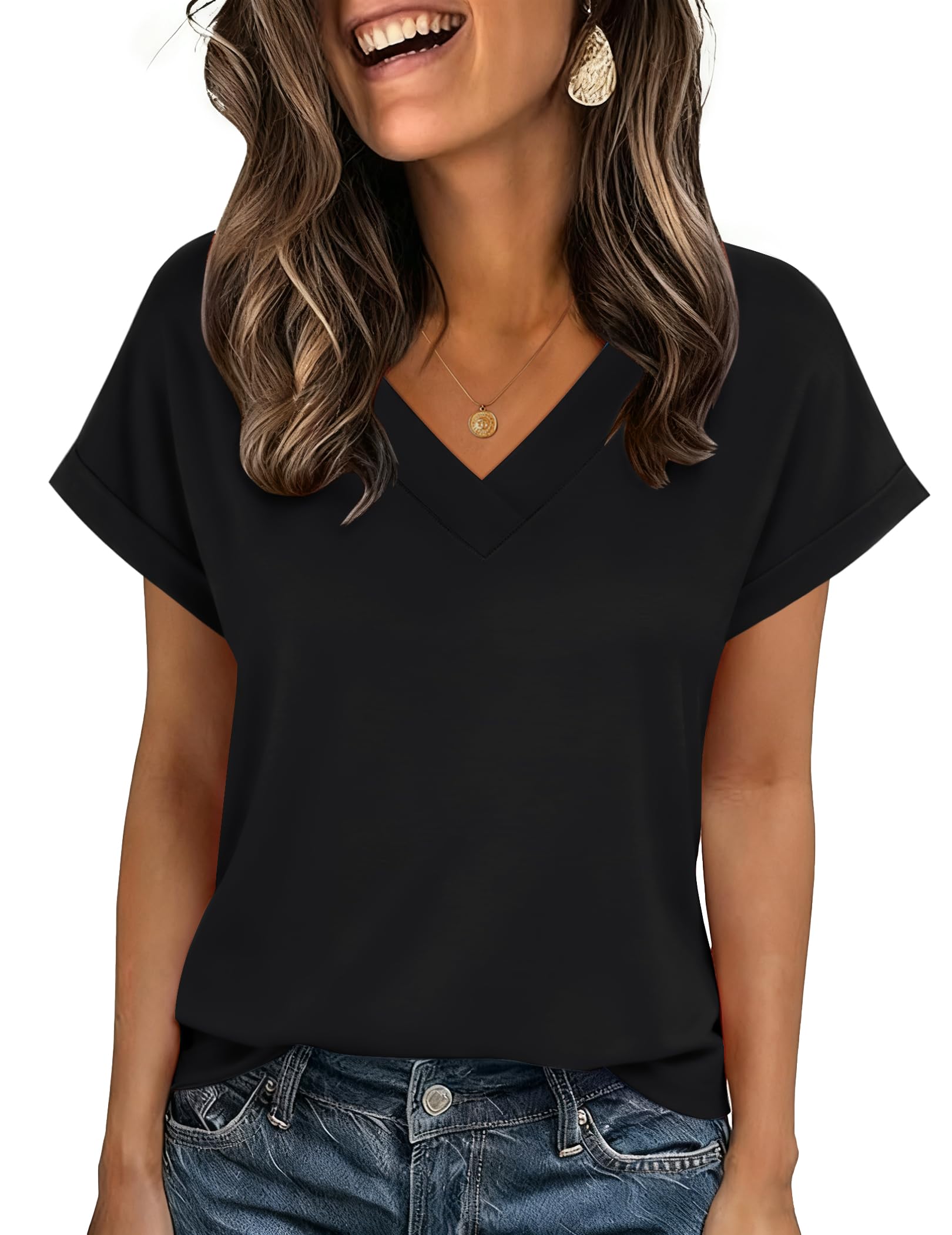 Zeagoo Womens Summer Tops Rolled Short Sleeve V Neck Shirts Casual Dressy Business Work Blouses Outfits