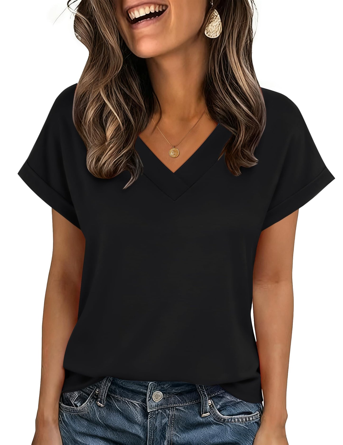 Zeagoo Womens Summer Tops Rolled Short Sleeve V Neck Shirts Casual Dressy Business Work Blouses Outfits