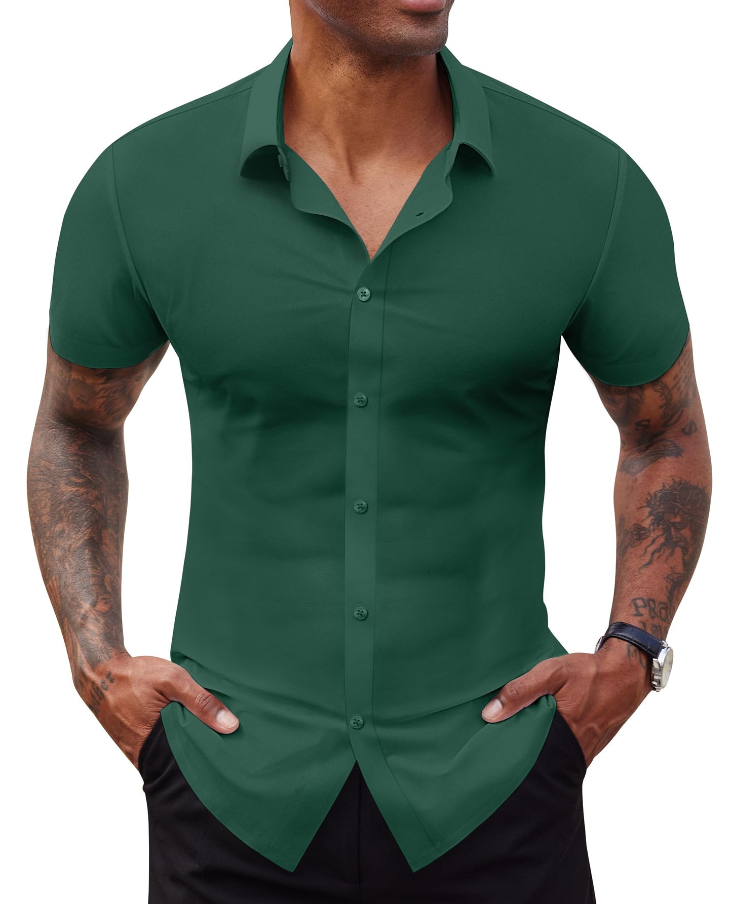Lion Nardo Stretch Dress Shirts for Men Short Sleeve Slim Fit Casual Button Down Shirts Muscle Fit Men's Dress Shirts