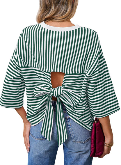 Dokotoo Womens Tops 2026 Striped Tie Back Short Sleeve T Shirts Crewneck Casual Loose Basic Tee Summer Outfits