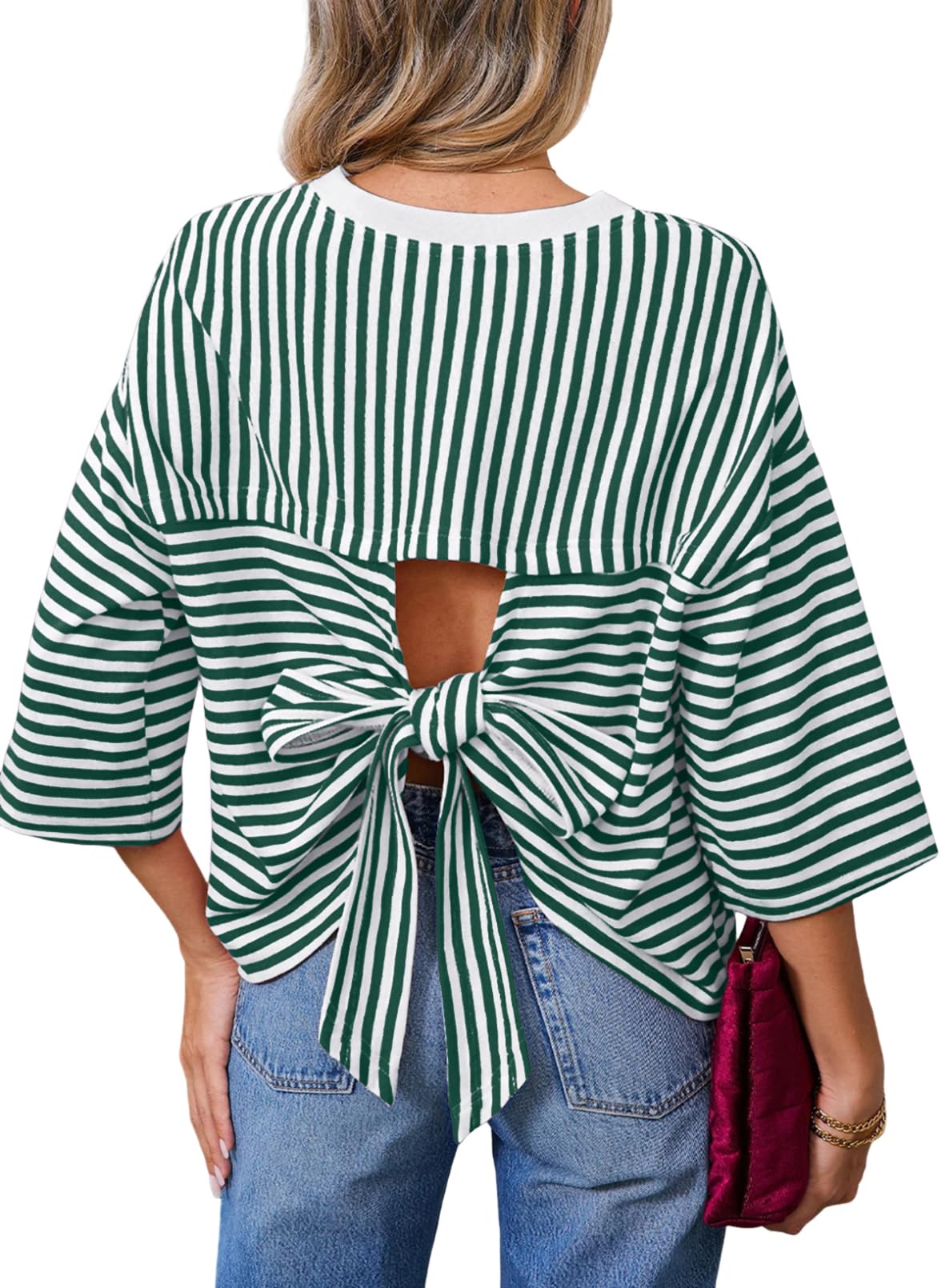 Dokotoo Womens Tops 2026 Striped Tie Back Short Sleeve T Shirts Crewneck Casual Loose Basic Tee Summer Outfits