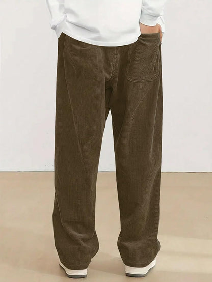Hidkat Mens Corduroy Casual Pants Fashion Loose Fit Wide Leg Pants Straight Sweatpants Elastic Waist Drawstring