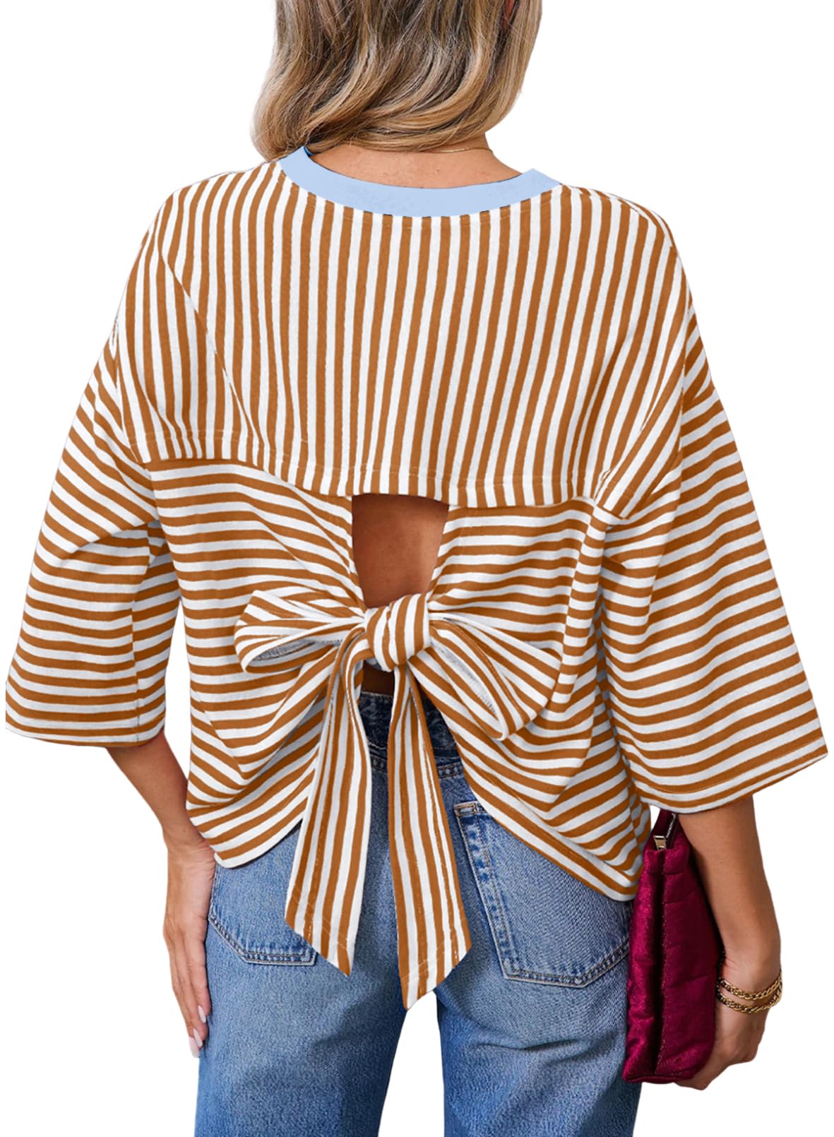 Dokotoo Womens Tops 2026 Striped Tie Back Short Sleeve T Shirts Crewneck Casual Loose Basic Tee Summer Outfits