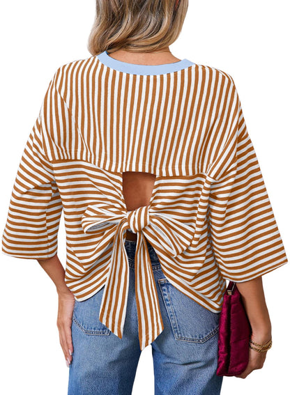 Dokotoo Womens Tops 2026 Striped Tie Back Short Sleeve T Shirts Crewneck Casual Loose Basic Tee Summer Outfits