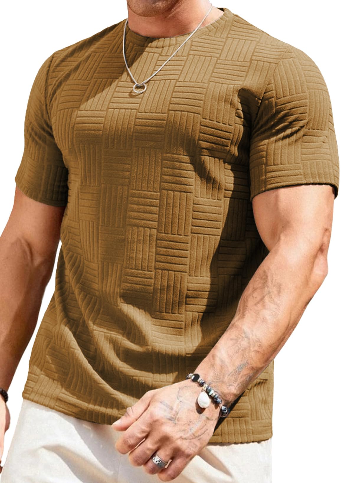 JMIERR Mens T-Shirt Casual Stretch Solid Crewneck Short Sleeve Tees Textured Shirts
