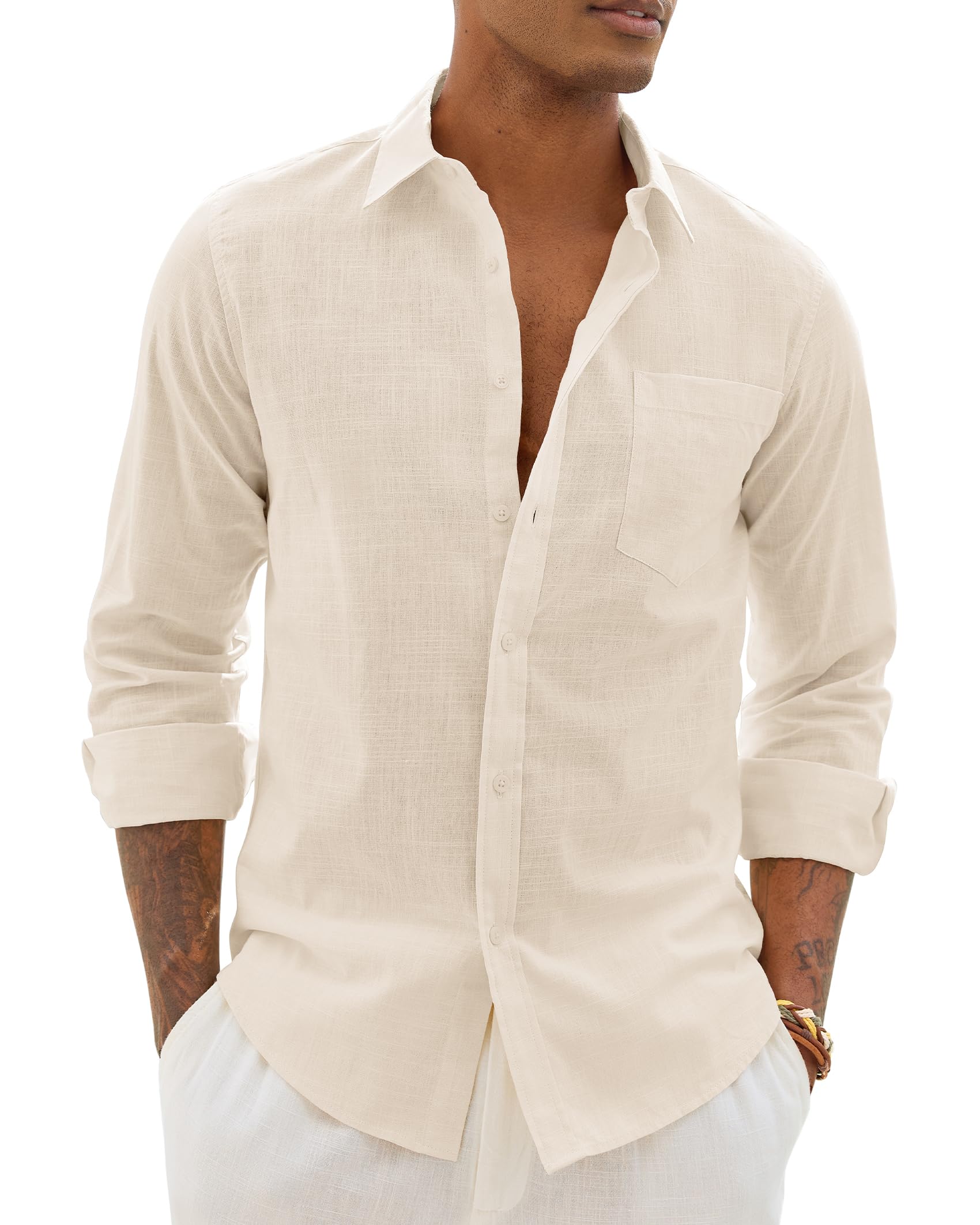 Alimens & Gentle Mens Cotton Linen Textured Shirt Long Sleeve Button Down Shirts Casual Summer Beach Wedding Tops with Pocket