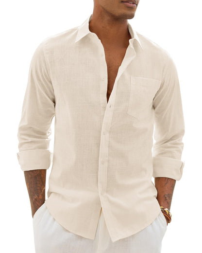 Alimens & Gentle Mens Cotton Linen Textured Shirt Long Sleeve Button Down Shirts Casual Summer Beach Wedding Tops with Pocket
