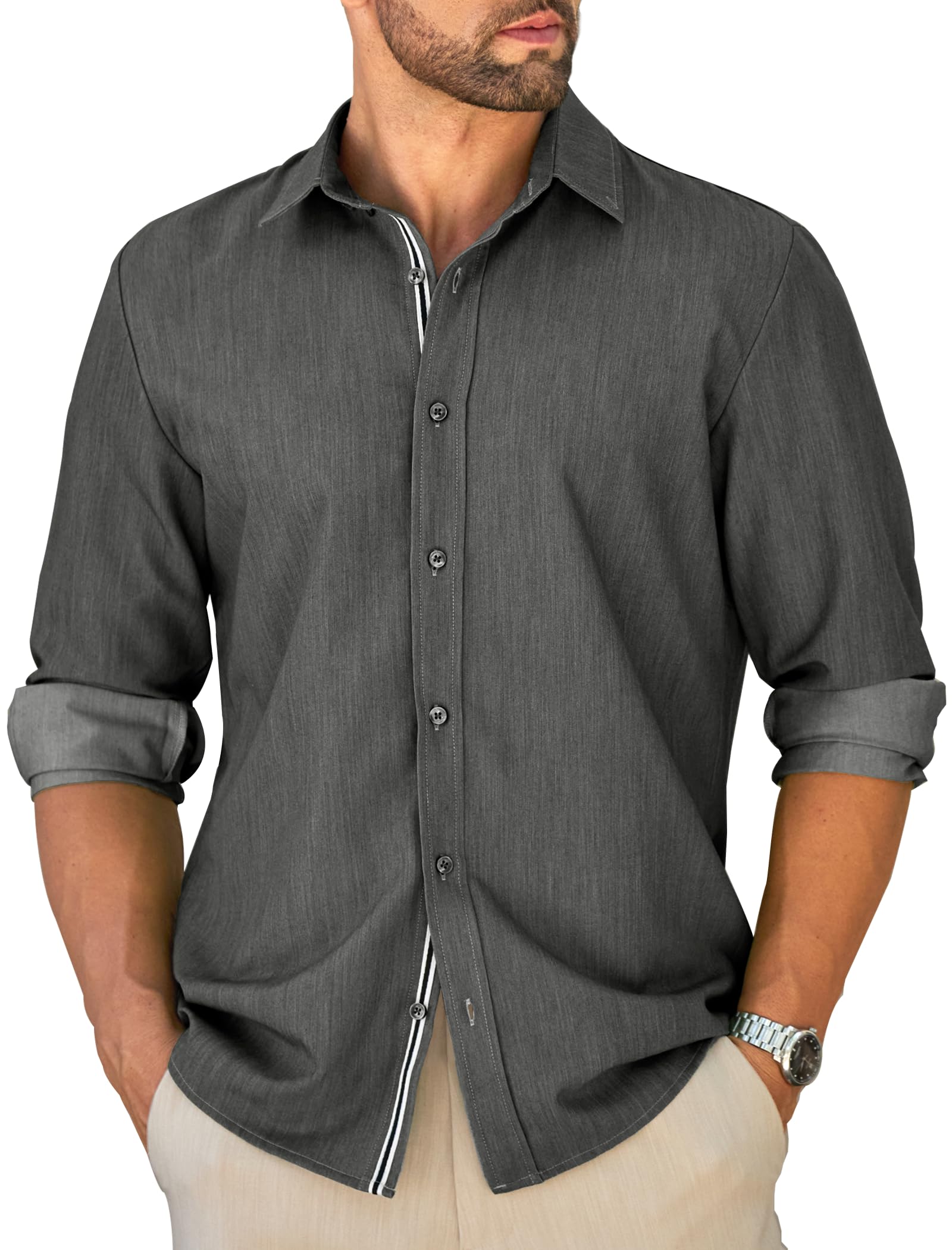 MAPICK Mens Untucked Dress Shirt Stretch Wrinkle Free Button Down Shirt Long Sleeve Business Casual Lightweight Denim Texture