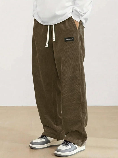 Hidkat Mens Corduroy Casual Pants Fashion Loose Fit Wide Leg Pants Straight Sweatpants Elastic Waist Drawstring