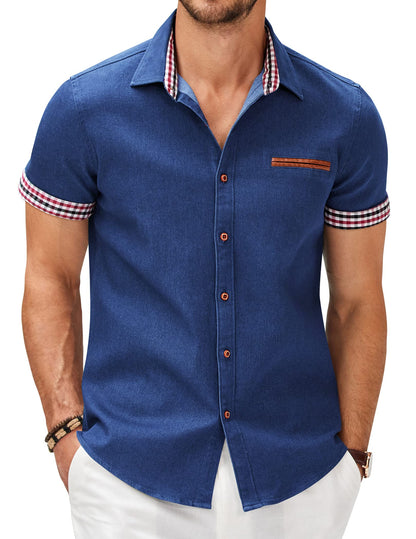 COOFANDY Men's Cotton Casual Short Sleeve Button Down Shirt Plaid Collar Denim Work Shirts