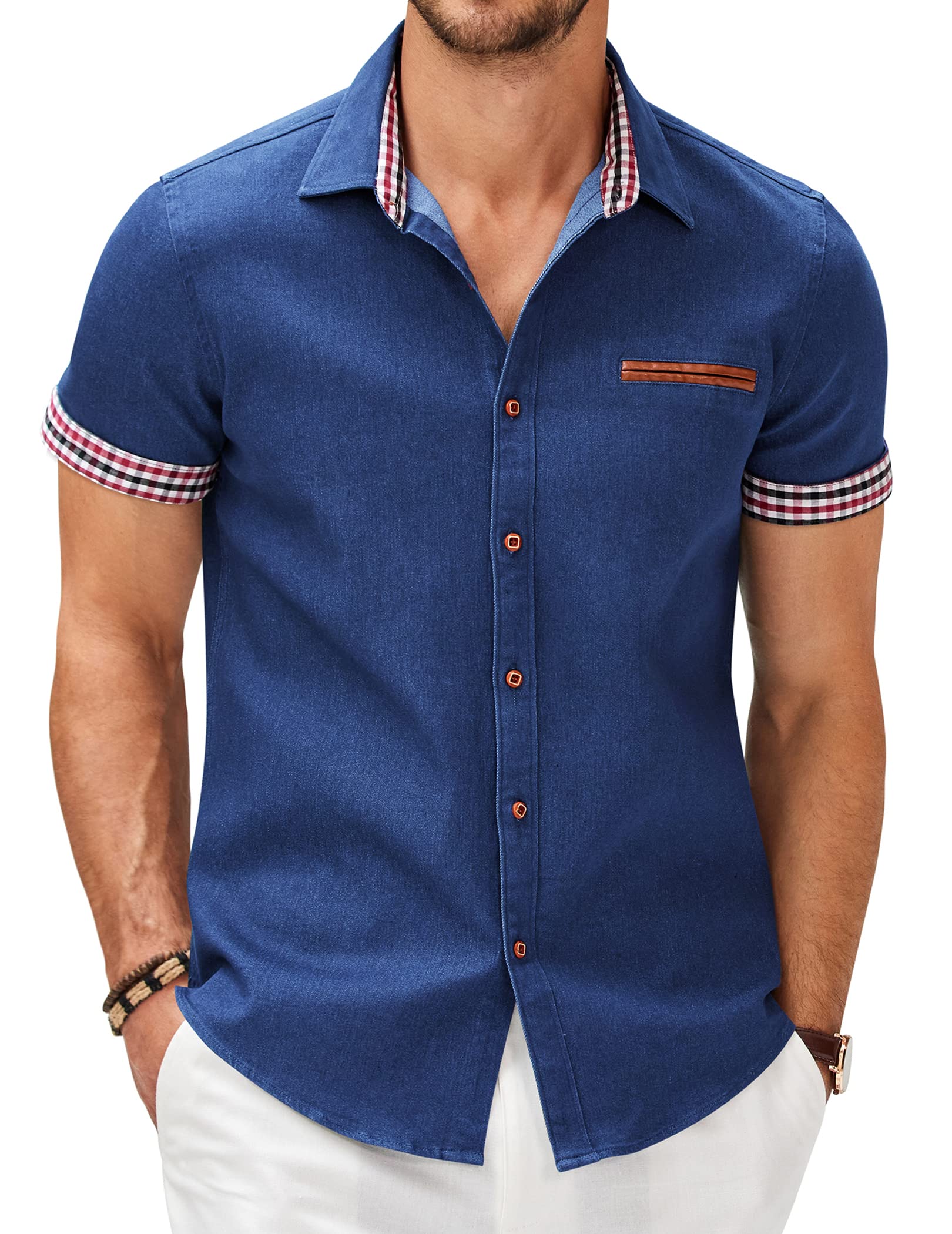 COOFANDY Men's Cotton Casual Short Sleeve Button Down Shirt Plaid Collar Denim Work Shirts