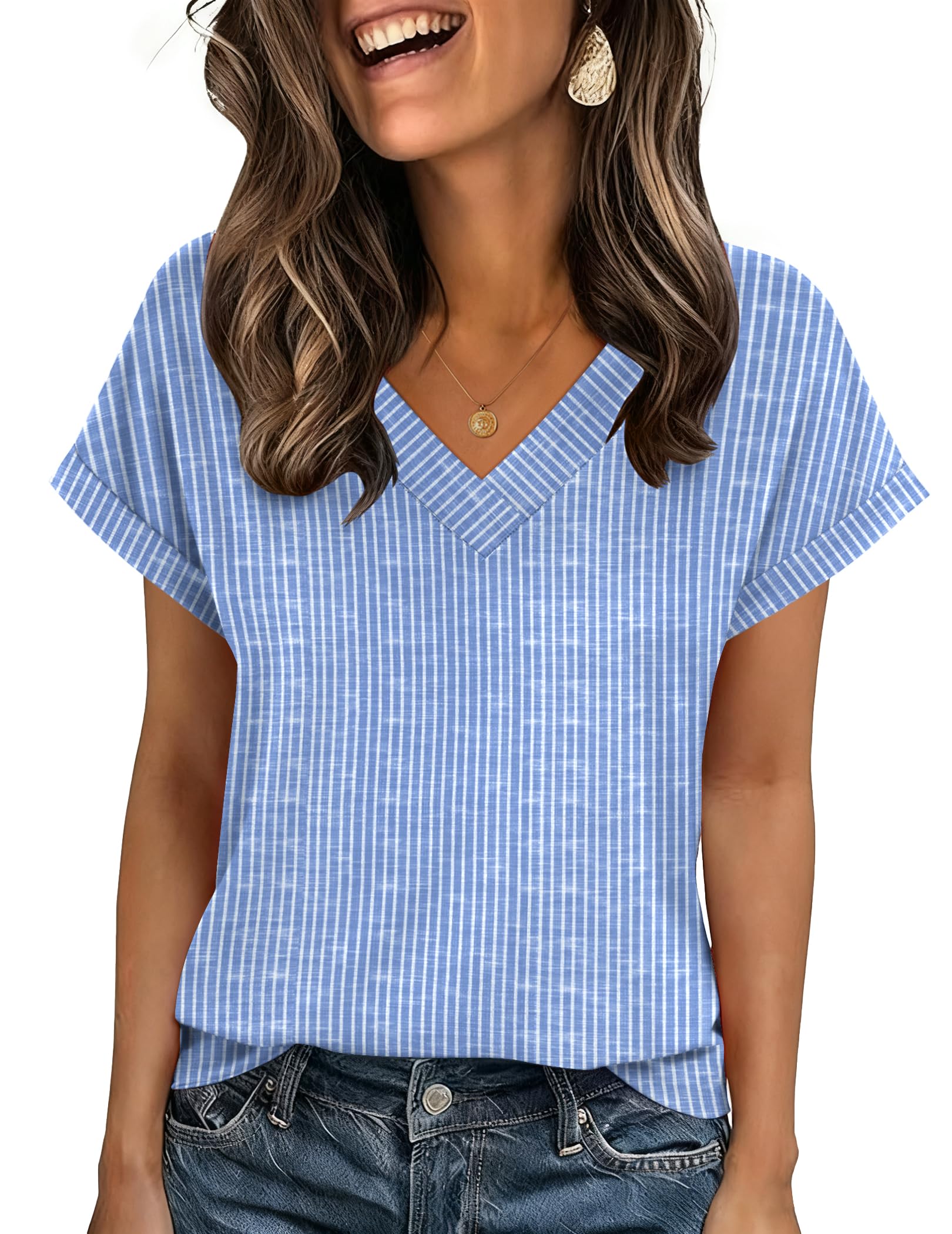 Zeagoo Womens Summer Tops Rolled Short Sleeve V Neck Shirts Casual Dressy Business Work Blouses Outfits