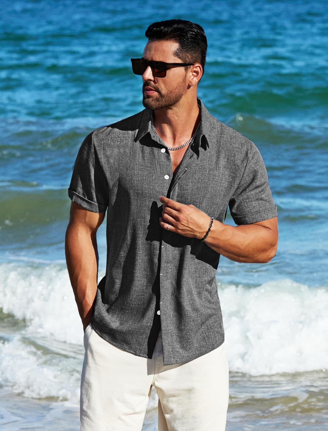 MAPICK Men's Linen Short Sleeve Button Down Shirt – Lightweight Breathable Summer Business Casual, Beach & Wedding Guest