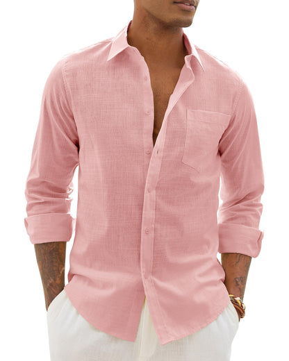 Alimens & Gentle Mens Cotton Linen Textured Shirt Long Sleeve Button Down Shirts Casual Summer Beach Wedding Tops with Pocket