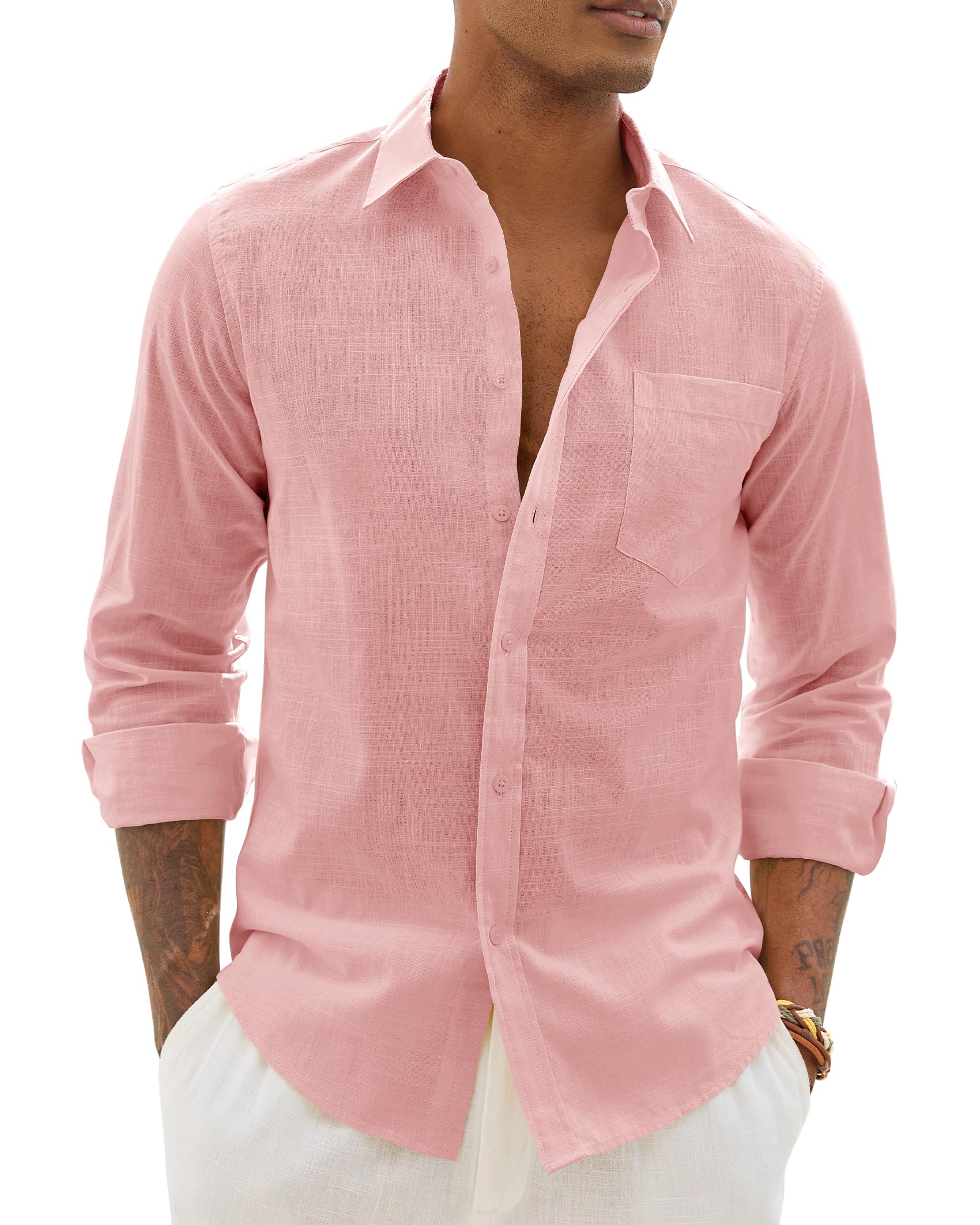 Alimens & Gentle Mens Cotton Linen Textured Shirt Long Sleeve Button Down Shirts Casual Summer Beach Wedding Tops with Pocket