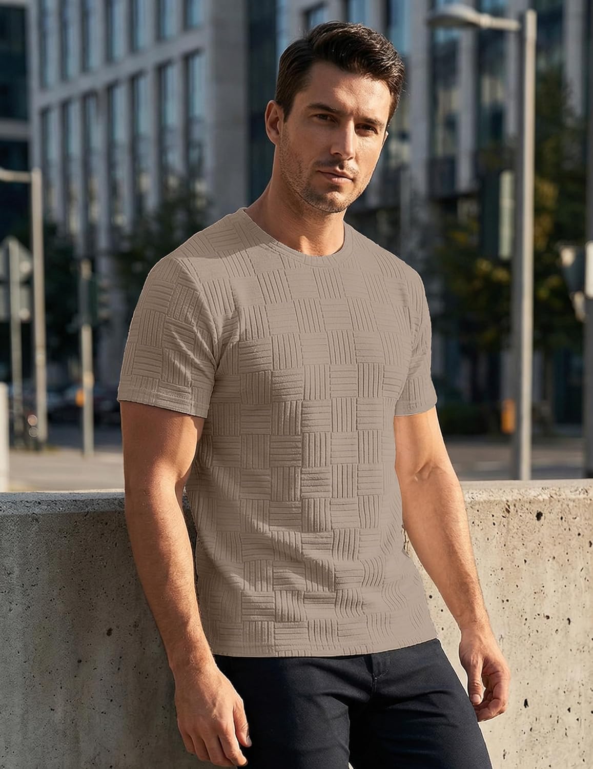 JMIERR Mens T-Shirt Casual Stretch Solid Crewneck Short Sleeve Tees Textured Shirts