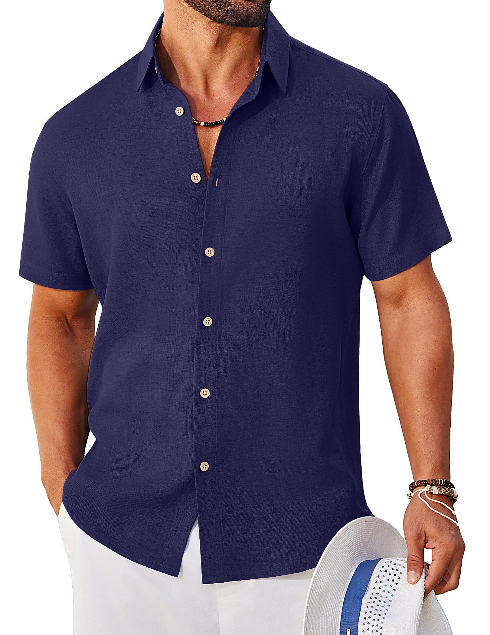 COOFANDY Mens Button Down Shirt Short Sleeve Casual Shirts Linen Textured Summer Beach Shirts