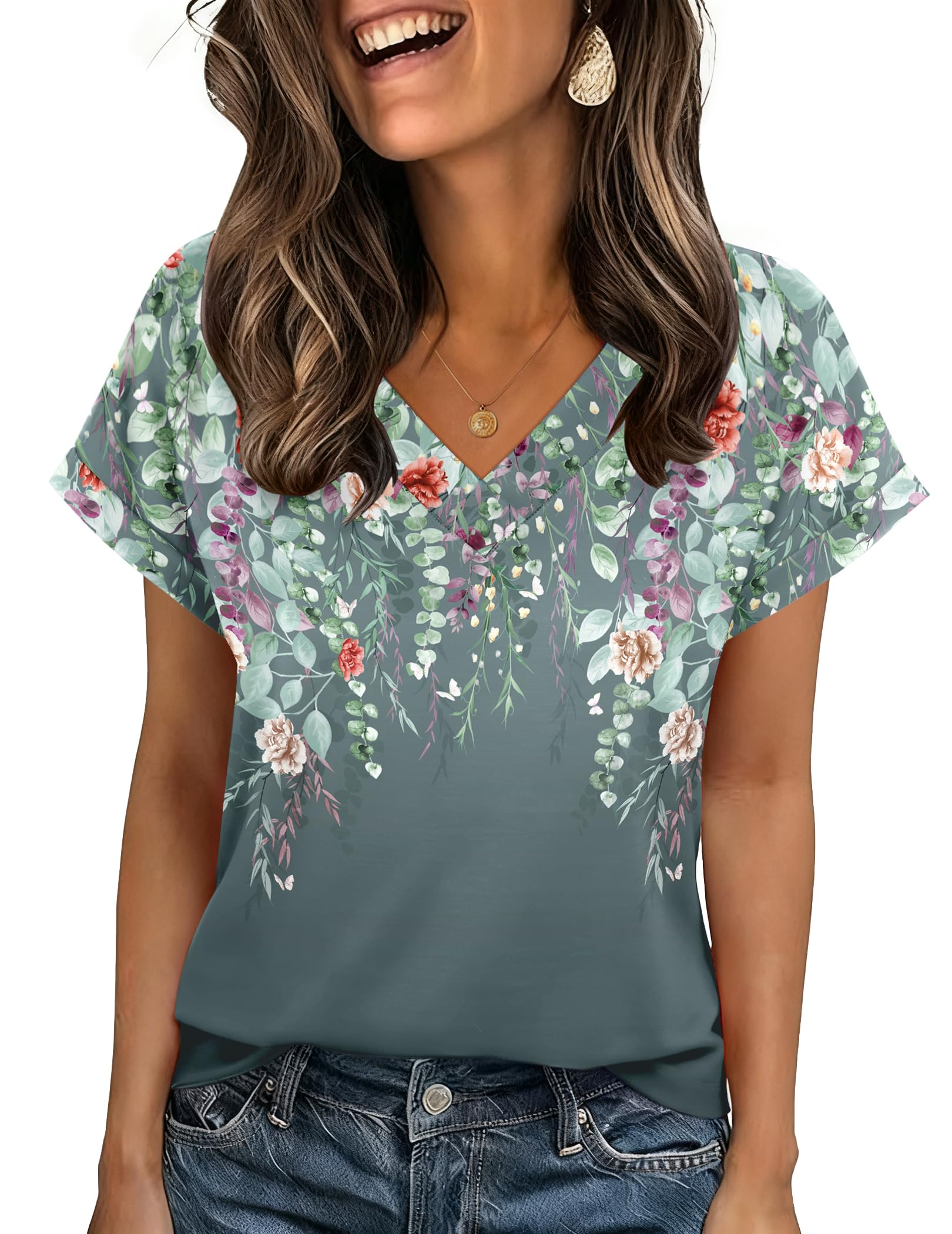 Zeagoo Womens Summer Tops Rolled Short Sleeve V Neck Shirts Casual Dressy Business Work Blouses Outfits